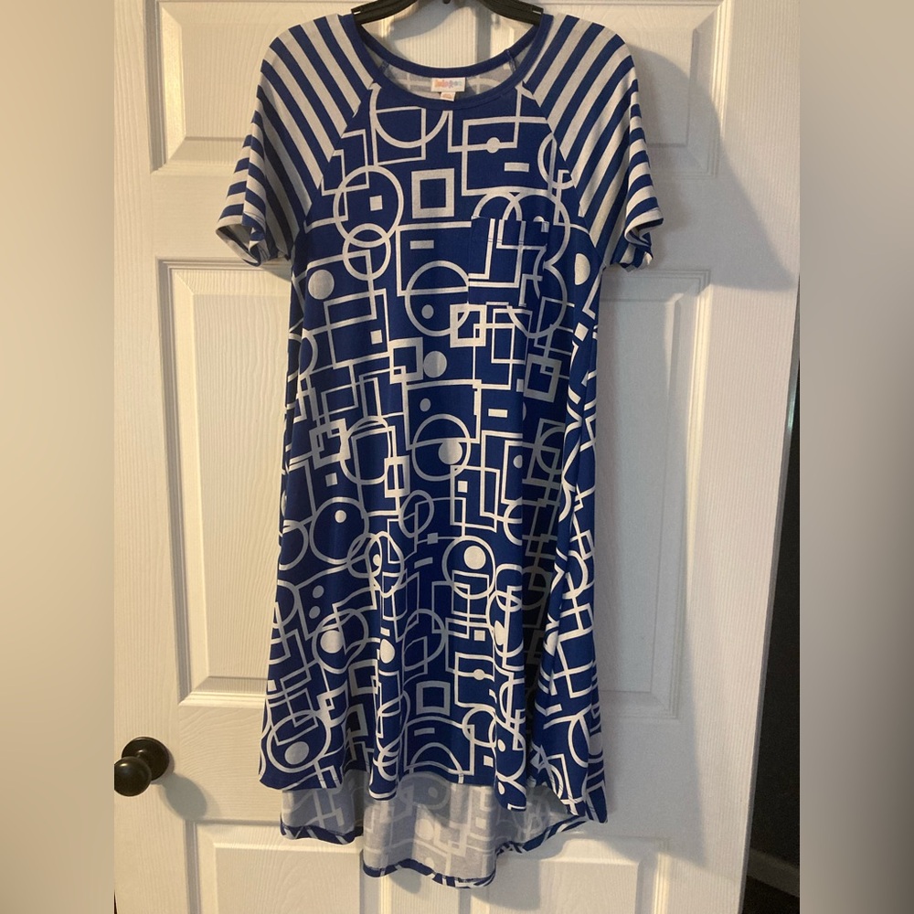 LulaRoe Blue and White Geometric Pattern Carly Dress